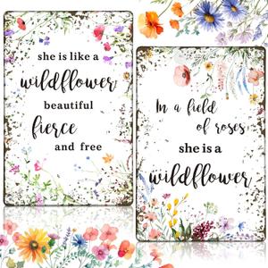2 Pcs Vintage Wildflower Metal Tin Sign Wild Flower Baby Shower Party Decoration She Is Like a Wildflower Beautiful Fierce and Free Funny Tin Sign for Birthday Baby Shower Nursery Decor