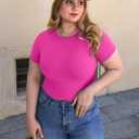 YEOREO Women Fitted Workout Tops Short Sleeve Double Lined Basic Y2K Going Out Crew Neck Compression Crop Top (Pink, M)