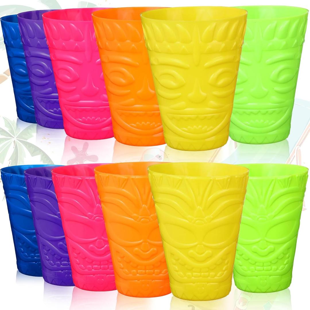 Domensi 12 Pack Tiki Plastic Cups Bulk 10oz Hawaiian Cups Hard Plastic Material Tiki Statue Drinking Cup for Summer Luau Party Drinkware Supplies