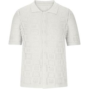 Mens Knit Crochet Button Down Shirt See Through Top Short Sleeve Sweater Lightweight Casual Summer Tops Beach Fits (Large)