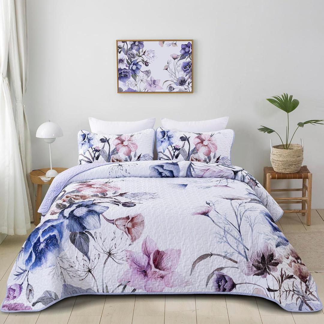 Floral Quilt Set King 3 Pieces Light Blue Floral Quilt Coverlet Set Soft Microfiber Lightweight Light Blue Quilted Bedspread for All Season 104"x90"