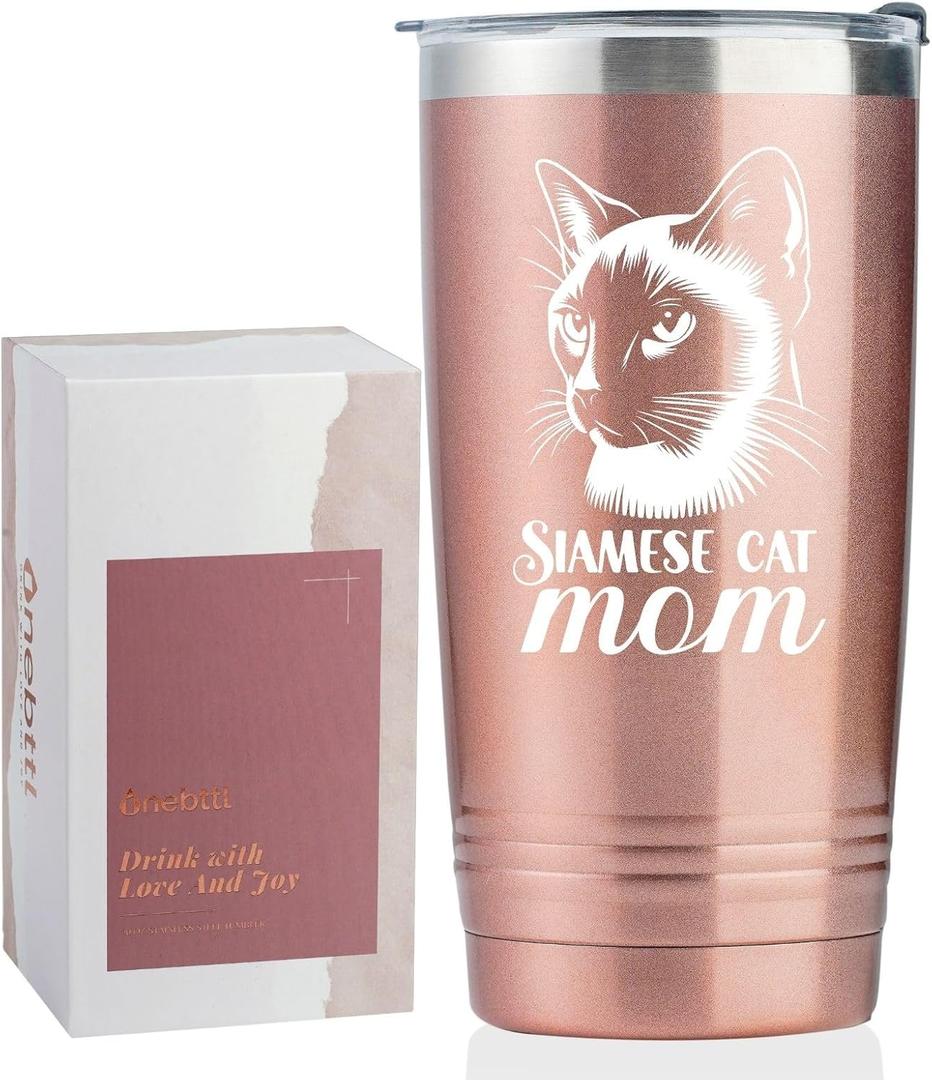 Onebttl Siamese Cat Gifts for Women, Insulated 20oz Stainless Steel Travel Tumbler with Lid, Gift Box and Card Included