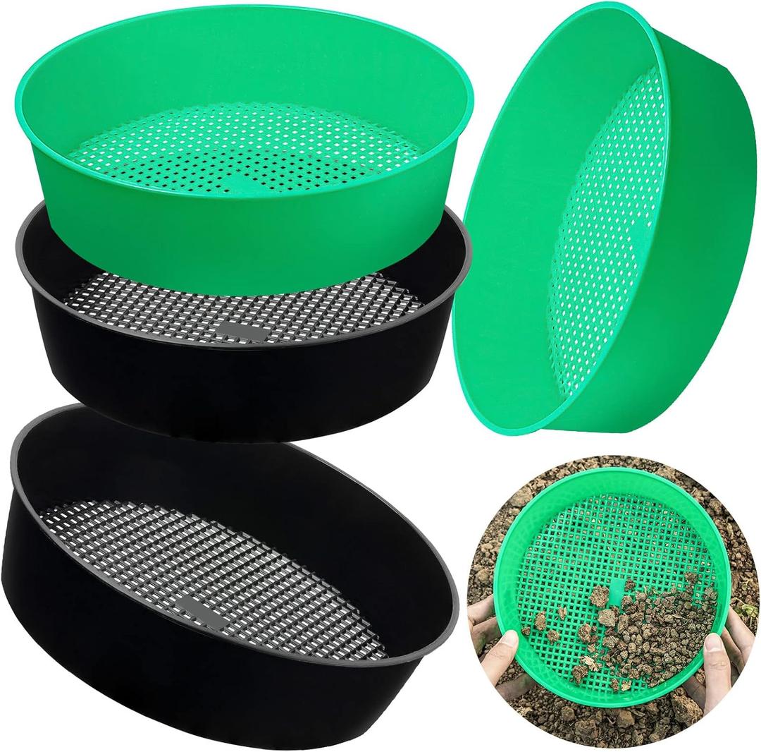4 Pack Rock Garden Sieve Soil Sifter, Round Plastic Gardening Soil Sifting Pan Sand Sifter Set, Sifting Tray for Small Gravel