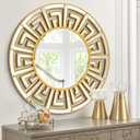 35.5"x35.5" Large Round Mirrors for Wall Decor Living Room, Gold Decorative Mirror, with Gold Geometric Pattern, Beveled Edge, for Luxury Entryway, Bedroom and Bathroom