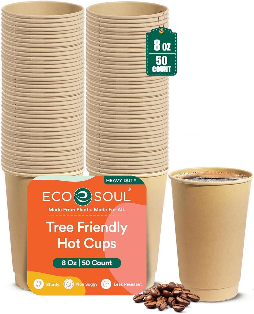 ECO SOUL 8 Oz Disposable Bagasse Paper Coffee Cups Without Lids (100 Pack)
Eco-Friendly, Biodegradable, Compostable, Leak-free & Sturdy, For Hot Drinks, Natural, Microwave Safe