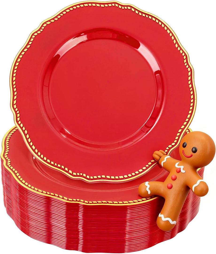 Hioasis 60pcs Red Plastic Plates - Red and Gold Disposable Dinnerware with Gold Rim, Heavy-duty, 7.5 inch, Dessert Plates for Party & Christmas