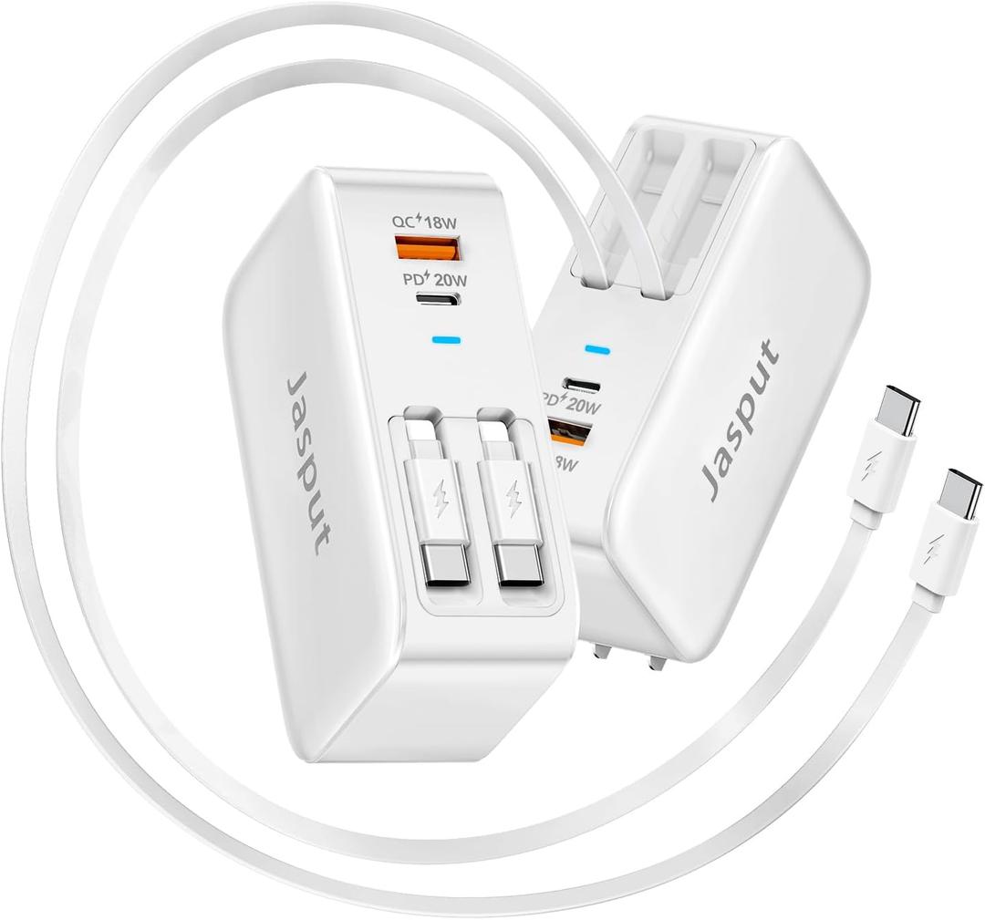 4 in 1 Retractable Wall Charger with Dual Cables,40W Retractable Phone Charger Wall Plug with Dual USB Ports,20W USB C Chargers Block Fast Charging for iPhone 17 16 15 14 13,LG, Galaxy S24 23,Pixel (White)