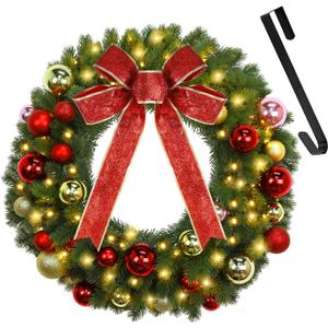 Juegoal 21 Inch Pre-Lit Christmas Wreath with Metal Hanger, Lighted Xmas Folded Wreath with 60 LED Lights, Red Bow and Colorful Balls, Battery Operated & Timer for Outdoor Home Window Wall Front Door