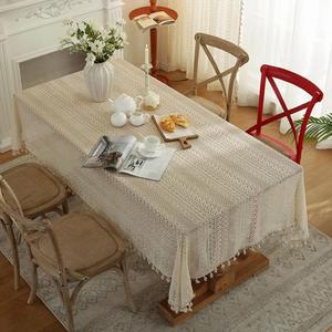 Beige Embroidered Crochet Hole Tablecloth with Tassels, Boho Stripe Geometric Tablecloth for Party Birthday Dinning Table Cloth, Rectangular 59"x80" (80" x 59" (Rectangular))