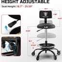 Rolling Shop Stool with Wheels, Garage Mechanic Stool Chair with Backrest, Height Adjustable Heavy Duty Swivel Task Chair, Adjustable Footrest with Storage Tray for Garage Kitchen Salon Tattoo (Black), 22.4" W X 2.76" D X 18.7" - 25.59" H