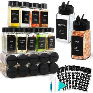 AISIPRIN Spice Jars with Label, Glass Salt and Pepper Shakers Set, 24 Pcs Spice Botter with Shaker Lids, Kitchen Essentials Seasoning Organizer Containers, Included 398 Labels, Funnel, Brush, Marker