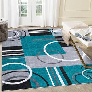 RUGSREAL Washable Rug 6x9 Abstract Circles Area Rugs Non Slip Floor Carpet Contemporary Stain Resistant Soft Rug Low Pile Accent Rugs for Indoor Living Dining Room, Turquoise