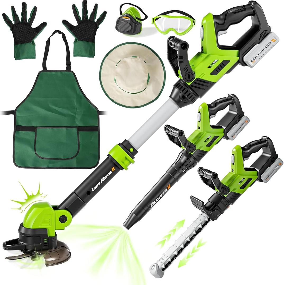 UPGRADED Kids Tool Set, 3-IN-1 Toddler Power Garden Tools with Sounds & Lights, Volume+/-, Toy Weed Wacker, Leaf Blower & Hedge Trimmer, Hat, Gloves, Apron, Toy Tools Christmas Birthday Gifts for Boys, Green