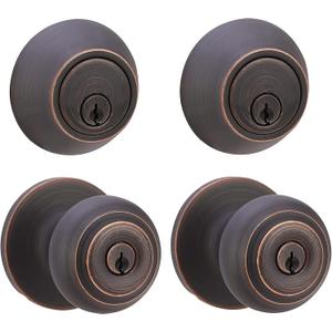 Amazon Basics Keyed Alike Exterior Knob with Key Lock and Deadbolt, Classic, Oil Rubbed Bronze, Set of 2 (2 Count (Pack of 1))