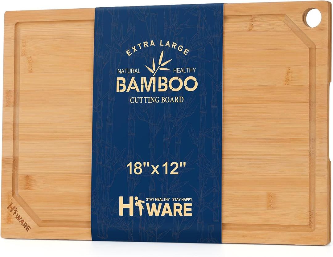Hiware Extra Large Bamboo Cutting Board for Kitchen, Heavy Duty Wood Cutting Board with Juice Groove, 100% Organic Bamboo, Pre Oiled, 18" x 12" (Natural)
