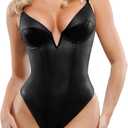 Popilush Body Suits for Womens Tummy Control - Faux Leather Bodysuit Deep V Neck Thong Sleeveless Corset Tank Top (Black) L