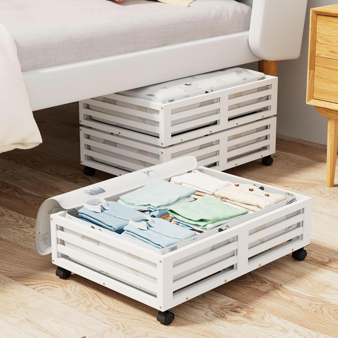 Bamboo Under Bed Storage Containers- Underbed Organizer with Wheels with Large Capacity Dust Bag,Sturdy Wood Rolling Under Bed Shoe Storage Organizer 2 Packs (White, 2 Packs (23.62"×16.54"))