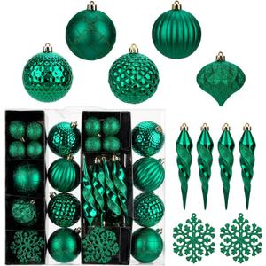 50PCS Christmas Tree Ornaments Set with Shatterproof Balls Icicle Snowflake Hanging Ornaments for Home Office Farmhouse Christmas Decorations, Dark Green