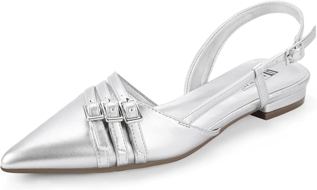 IDIFU Slingback Flats for Women Pointed Toe Ballet Flats Shoes Women Dressy Comfortable Casual Flat Dress Shoes for Women Office Work Wedding Bridal Cute Fashion Slip on Buckle Flats (7.5, Silver Pu)