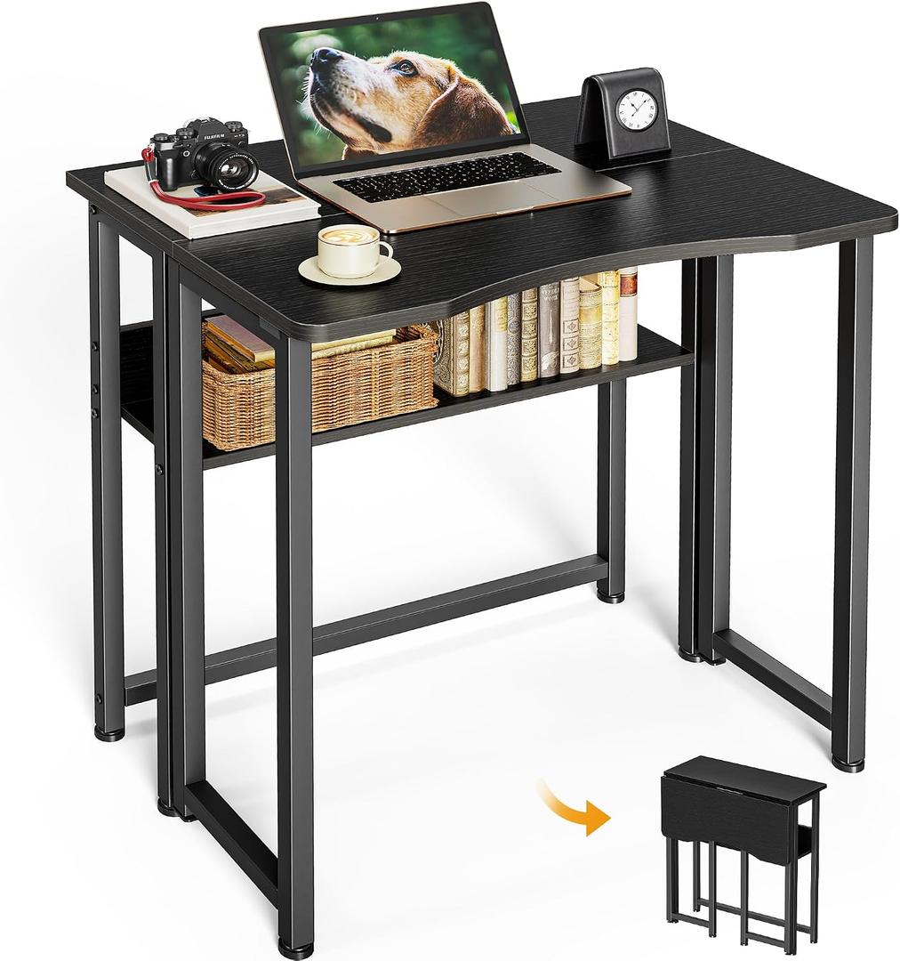 Huuger Folding Desk with Storage Shelf, 23.6 Inch Foldable Computer Table, 18.5"D x 23.6"W