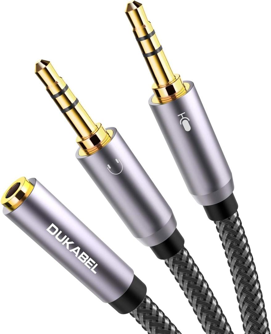 DUKABEL Gold-Plated & Strong Braided Y Splitter Audio Cable - Separate Microphone & Headphone Port Gaming Headset Earphone Adapter - TopSeries (12inch / 30cm)