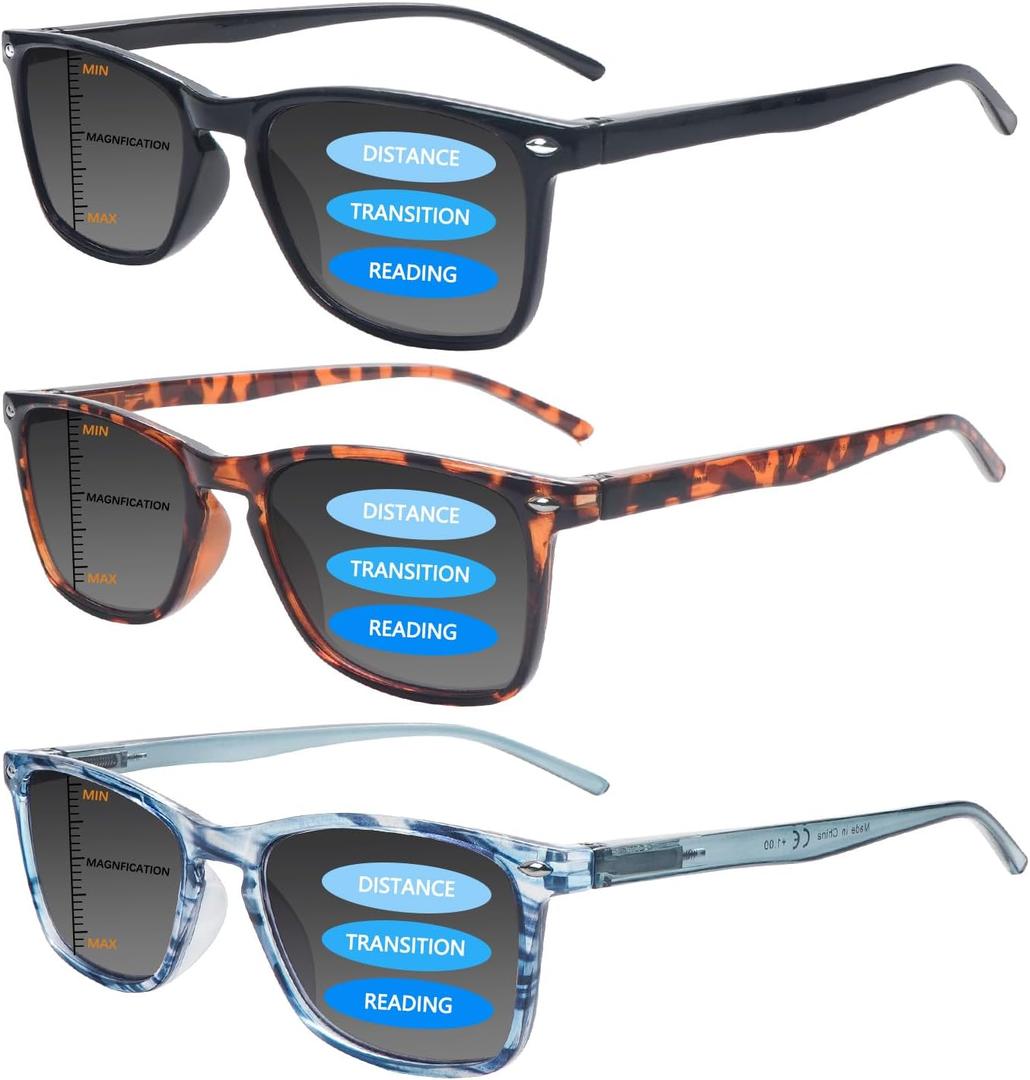 3 Pack Progressive Multifocal Reading Sunglasses for Women Men UV Protection Trifocal Sun Readers with Spring Hinge (Sun 3 Mix,3.00)
