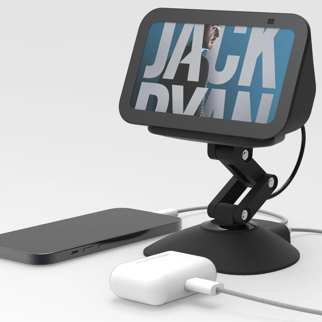 Adjustable Height Stand for Echo Show 5 (3rd Gen) Charger Stand with USB-C & USB Port, Tilt and Swivel Magnetic Table Holder, Compatible with iPhone 13/14, Cell Phone & Earbuds (Black)