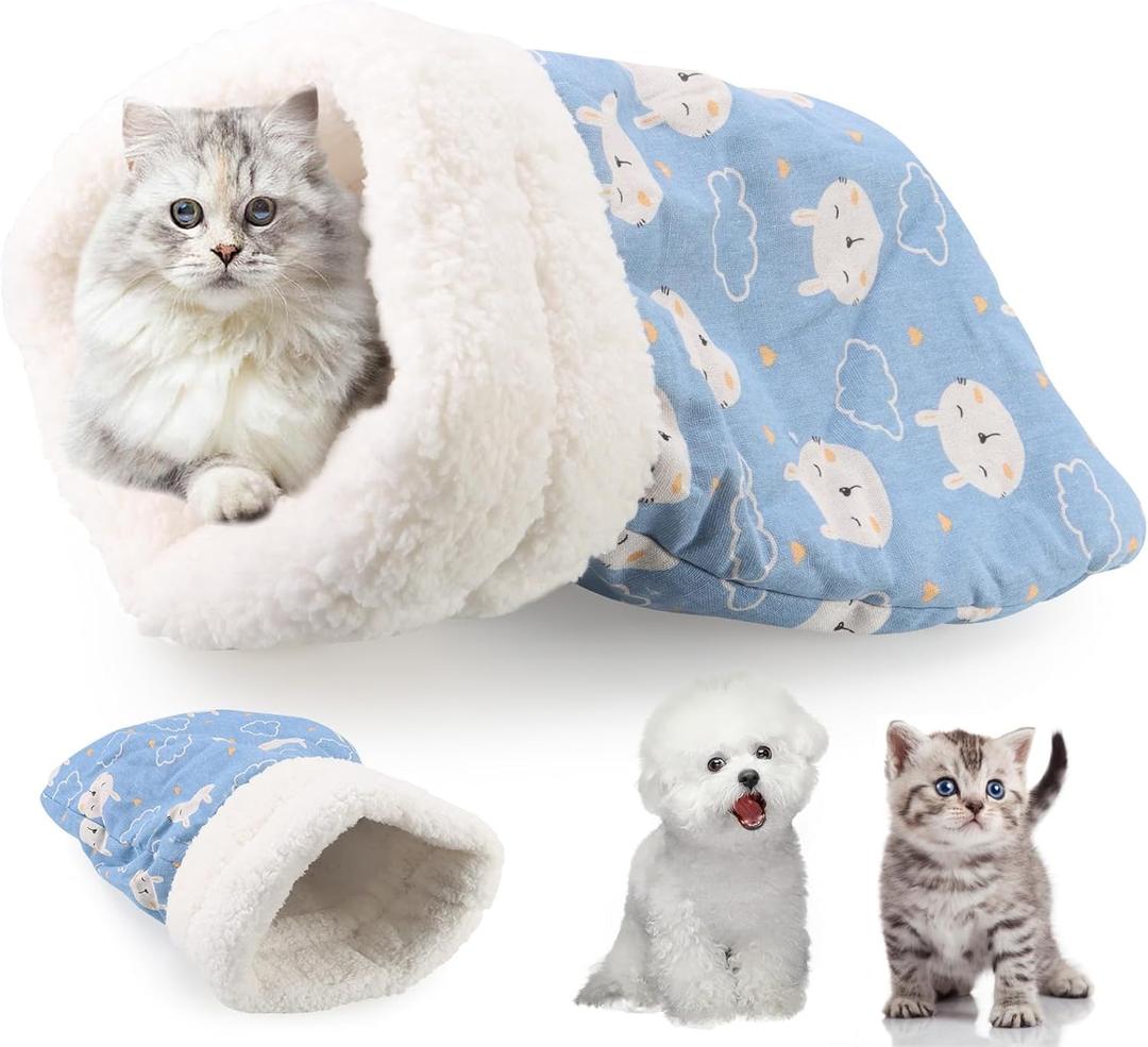 Cat Sleeping Bag Bed, Winter Soft Plush Sack Self Warming Cave Bed for Indoor Cats, 360Wrap Comfortable Pet Snuggle Sack, Soft Plush Large - Size L (Blue)
