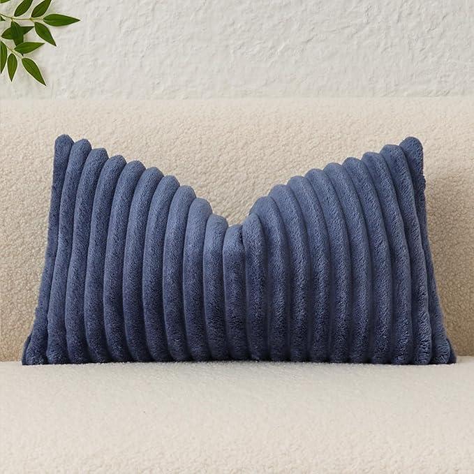 Kevin Textile Soft Plush 14x24 Inch Lumbar Pillow Cover 1 Pack, Luxury Fluffy Faux Fur Striped Flannel Rectangle Cushion Case for Couch Sofa Chair Bed Home Decor, Grey Blue
