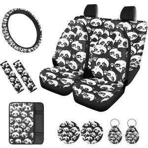 12 Piece Panda Printed Car Seat Covers Full Set Includes Car Front/Back Seat Cover with Steering Wheel Cover Armrest Cover Seat Belt Pads Coaster Keychain, Auto Accessories, Black