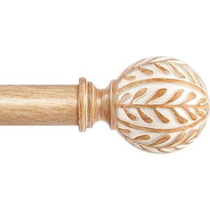 Wood Curtain Rods for Windows 48 to 84, 1 Inch Heavy Duty Boho Drapery Rods with Imitation Wood Grain olive leaf motif Finials, Rustic Decorative Curtain Pole set, 32"-86", Brown