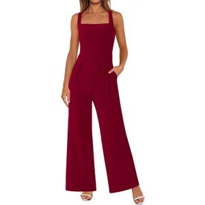 PRETTYGARDEN Summer Sleeveless Jumpsuits for Women Dressy Square Neck Wide Leg Pants Knit One Piece Rompers Fashion Clothing (L)