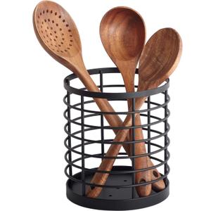 Utensil holder for Kitchen Counter - 5.2" x 5.2" x 6" Large Round Utensils Holder with Wooden Base Matte Black Cooking Utensil HolderKitchen countertop Utensil Organizer (Metal)
