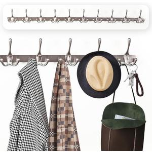 Modern Zinc Alloy Wall Mounted Coat Rack - Multi-Purpose Wall Hook Organizer with 10 Hooks, Rustproof Metal Hook for Hallway, Bathroom, Bedroom (Silver Nickel, 1 Item-10 Hooks)