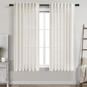 Cream Linen Back Tab Curtains 63 Inch Length for Living Room 2 Panel Set Neutral Modern Farmhouse Window Curtain Privacy Semi Sheer Linen Drapes Rustic Pinch Pleated Look Curtain Natural Ivory