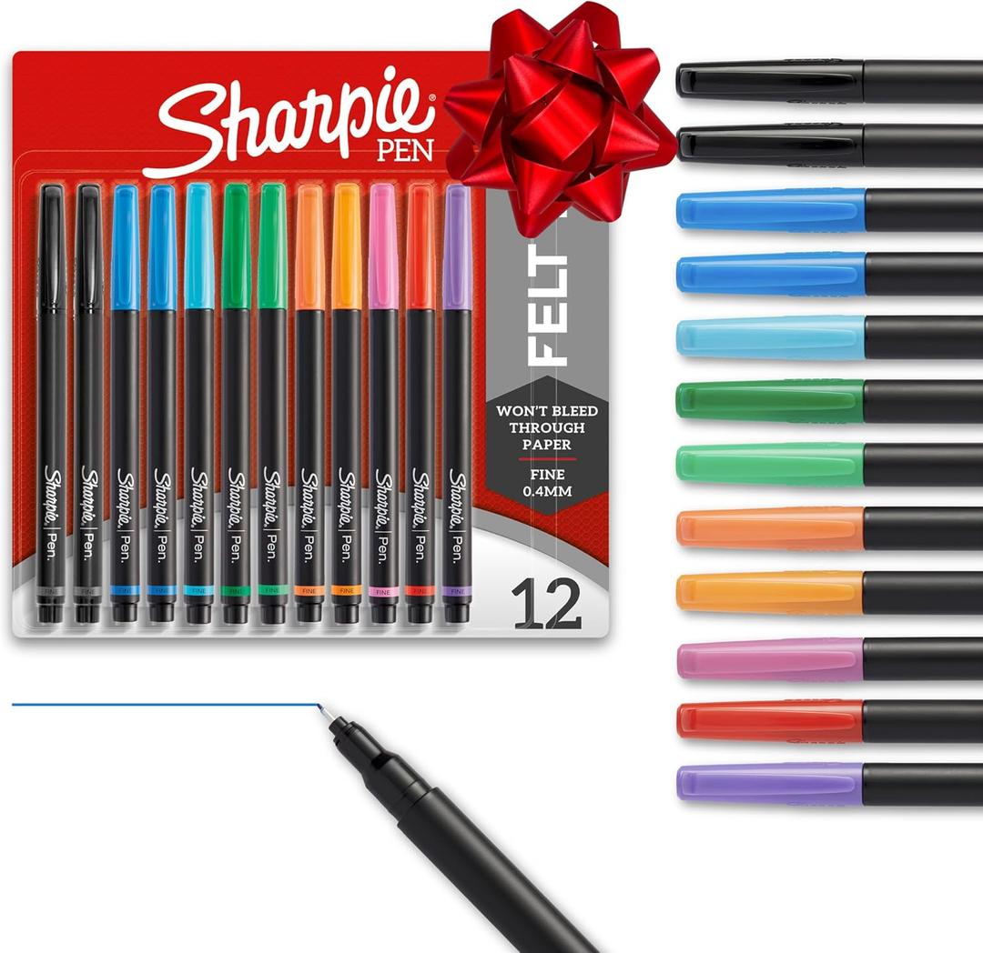 Sharpie Felt Tip Pens, Fine Point Pens (0.4mm), Felt Tip Markers, Assorted Colors, 12 Count - Journaling, Art, Drawing, Markers