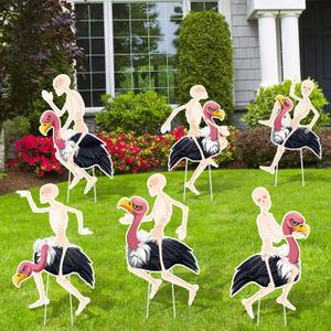 Geelin 6 Pcs Halloween Skeleton Flamingo Yard Sign Decorations with Stakes Halloween Vulture Yard Lawn Ornaments Skeleton Flamingo Creepy Decor for Garden Outdoor Party Supplies Favors