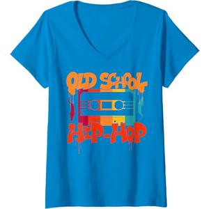 Womens Retro Old School Hip Hop 80s 90s Graffiti Cassette V-Neck T-Shirt Size L, Sapphire Blue