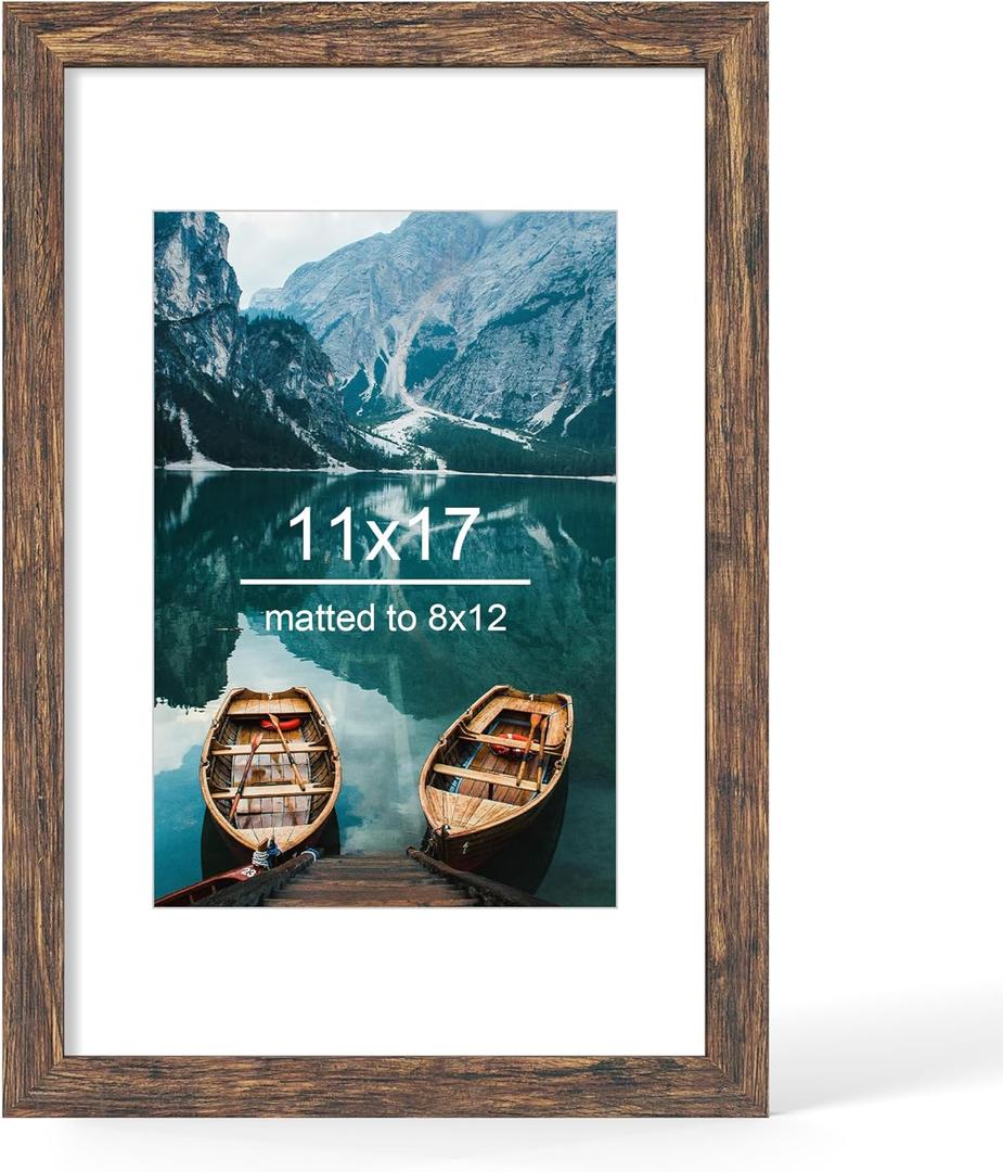 Hongkee 11x17 Frame, Rustic Brown Wood Style - Display 8 x 12 Picture with Mat or 11x17 Poster without Mat, Wall Mounting Horizontal and Vertical, 1 Pack