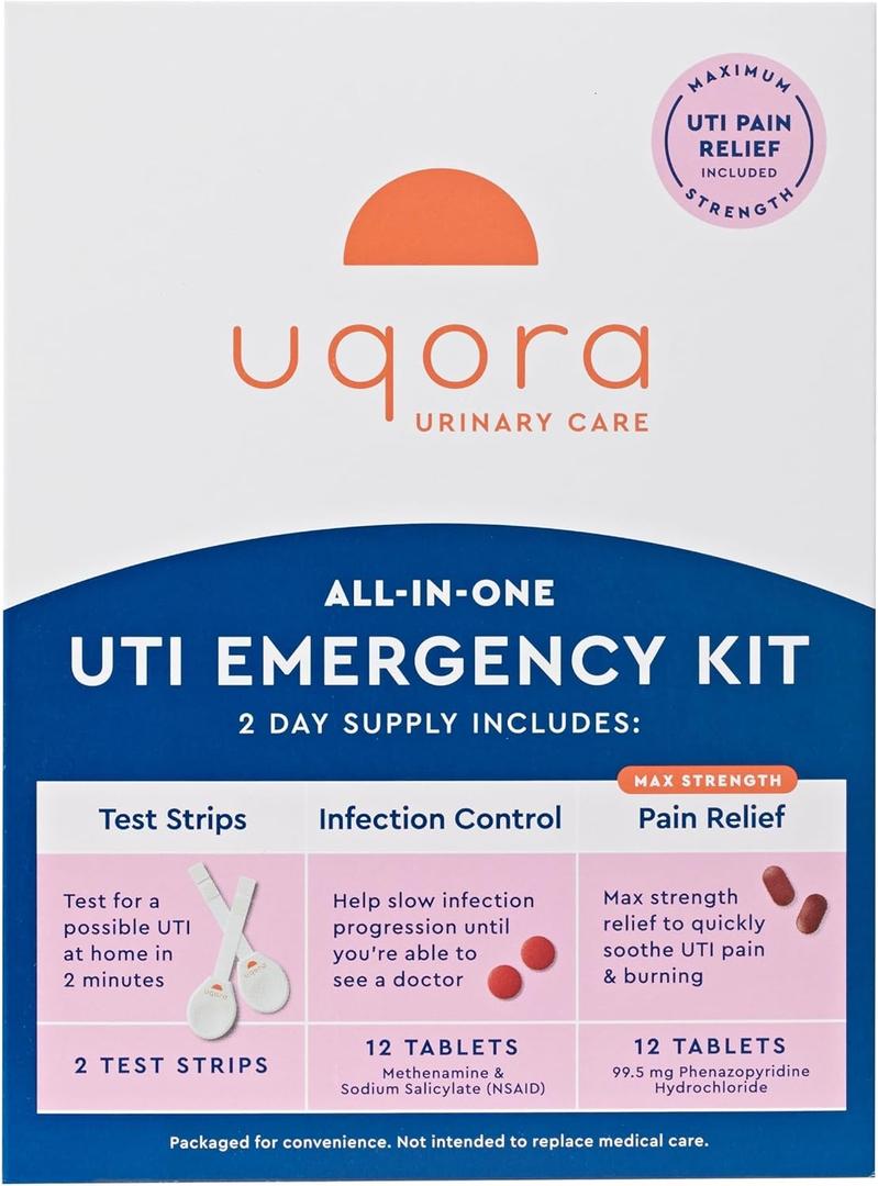 Uqora UTI Emergency Kit - Comes with 2 Urinary Tract Infection Test Strips, 12 UTI Pain Relief Tablets & 12 Infection Control Tablets - Urinary Tract Support - Maximum Strength