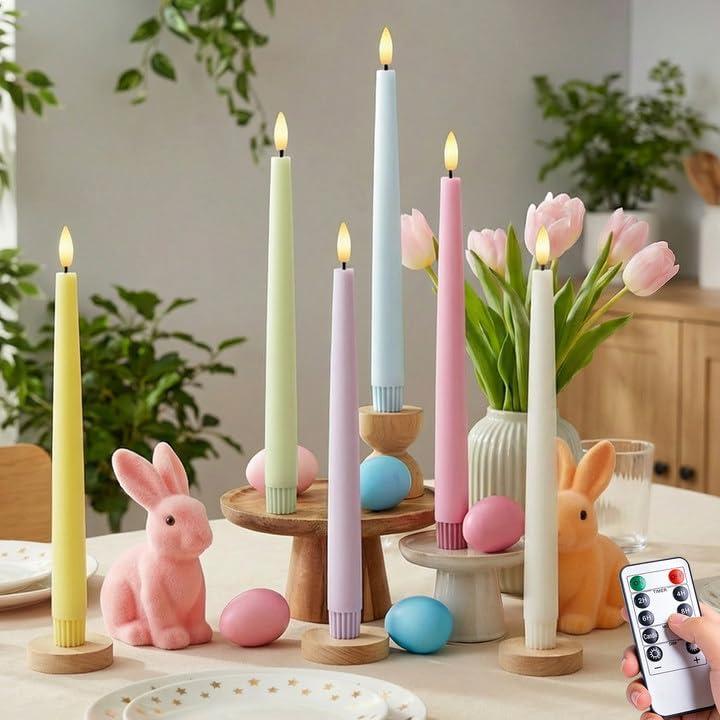 Easter Decorations, Easter Pastel Flameless Candles - Pastel Taper Candles Battery Operated with Timer and Remote Control, Home Table Decor, Wax, Macaron, 6pc