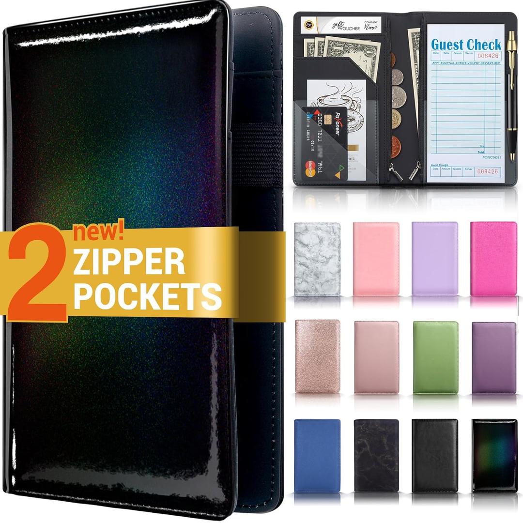 Server Book with 2 Zipper Pockets, Leather Server Books for Waitress, Waiter Book, Sturdy Waitress Book with Money Pocket and Zipper, Servers Book Waitress Accessories Fit Server Apron, Glitter Black