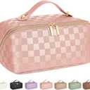 Large Capacity Travel Cosmetic Bag - Portable Makeup Bags for Women Waterproof PU Leather Checkered Makeup Organizer Bag with Dividers and Handle,Toiletry Bag for Cosmetics (EXP 08/19/26)