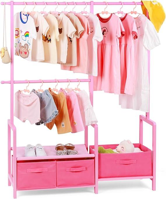 Bamboo Kids Clothing Rack with Triple Hanging Poles, Child Dress Up Rack, Small Organizer Garment Rack with 3 Storage Bins, for Costumes and Accessories (Pink)