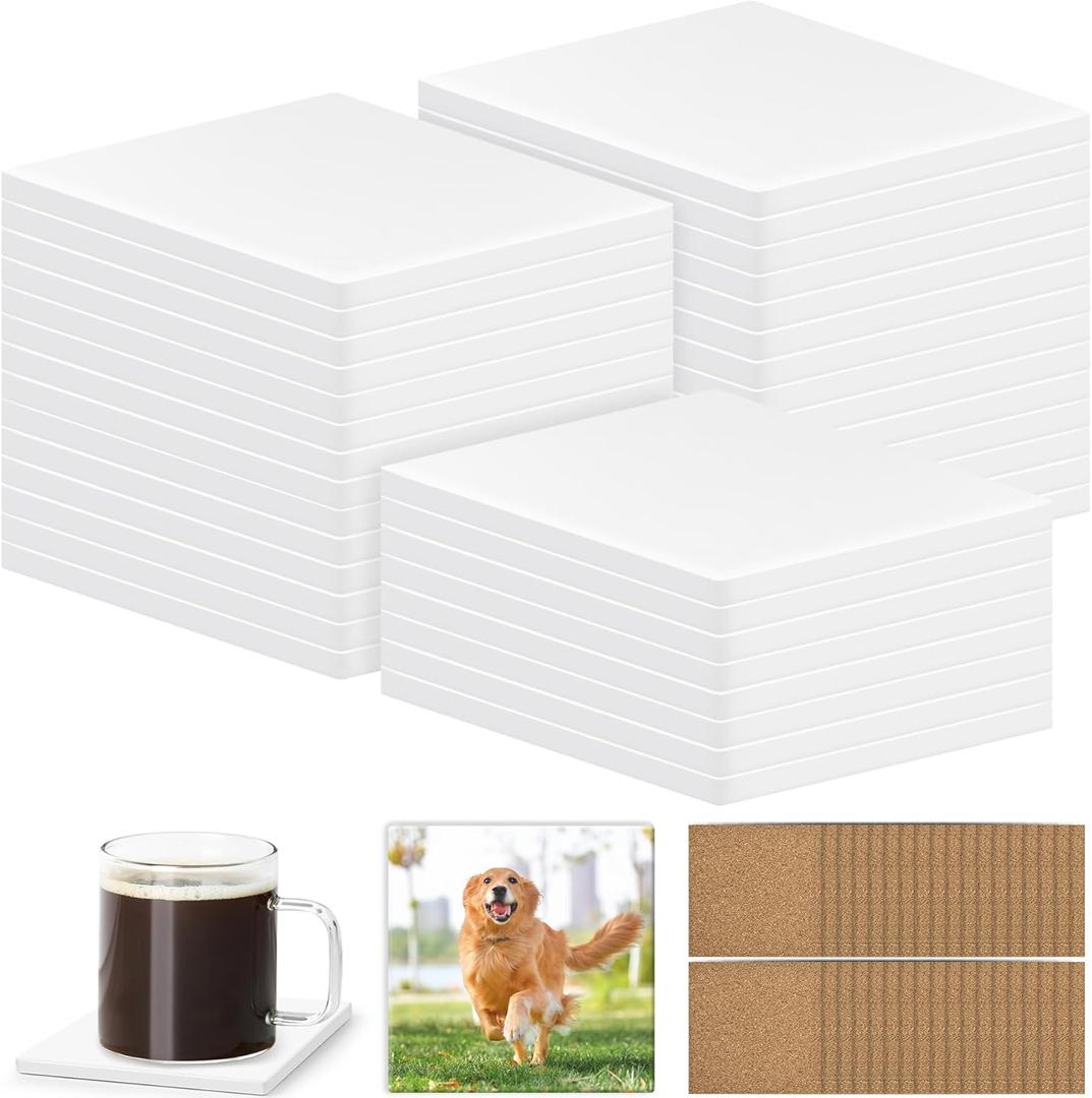 39 PCS Sublimation Coasters Blanks Ceramic Tiles Bulk 4x4 White Unglazed Glazed Ceramic Tiles for Crafts with 48 Cork Sticker Back, Square Coasters Sublimation for Heat Transfer DIY Painting
