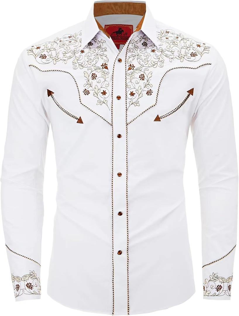 Men's Western Cowboy Shirt Embroidered Long Sleeve Casual Button Down Shirt (3X-Large, White)