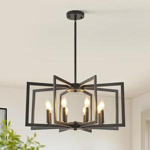 Klgxnrd 8-Light Modern Farmhouse Black Geometric Chandelier, Adjustable Height Dining Room Light Fixtures Over Table, Large Industrial Metal Chandeliers for Dining Room Kitchen Island Entryway