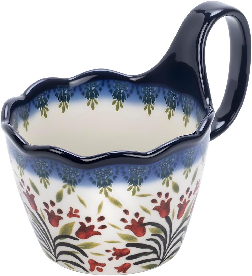 OZY Handpainted Soup Bowl with Handle,Ceramic Cereal Bowl Great for Soup, Ice cream, Fruits,Snack,Microwave &Dishwasher Safe (Polish Red Flower)