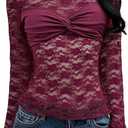 MakeMeChic Women's Twisted Floral Lace Tee Shirt Crew Neck Long Sleeve Sheer Tops Small