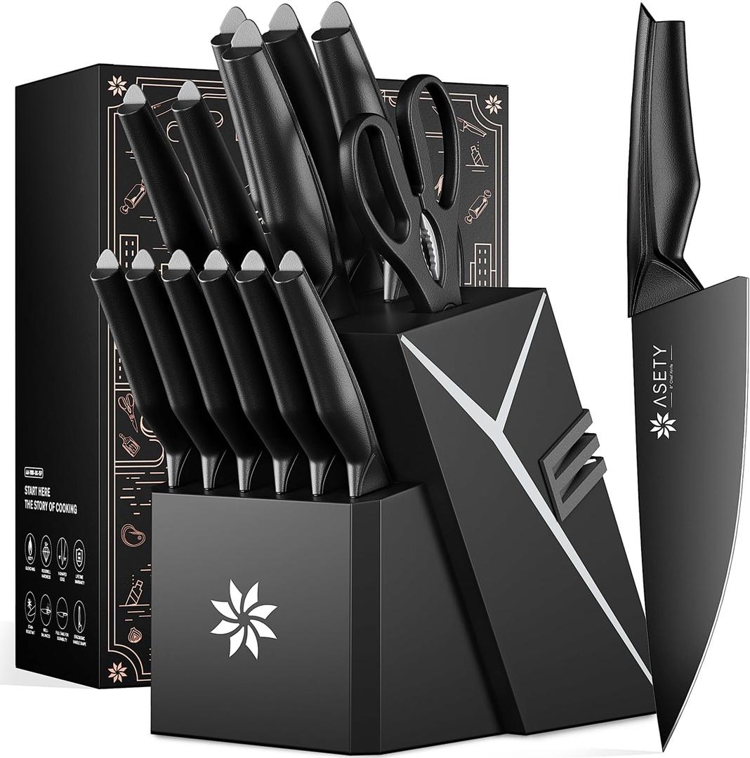 Kitchen Knife Sets with Block -15 PCS Knife Set with Bulti-in Sharpener, Dishwasher Safe, Stainless Steel Kitchen Knife with Ergonomic Handles, Sharp knives for Men and Women,Black